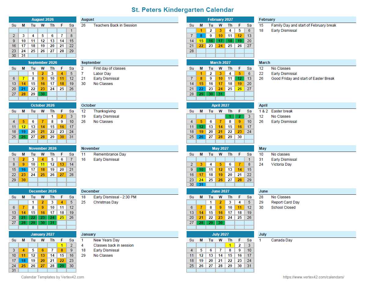 Kindergarten 2026-27 Calendar
